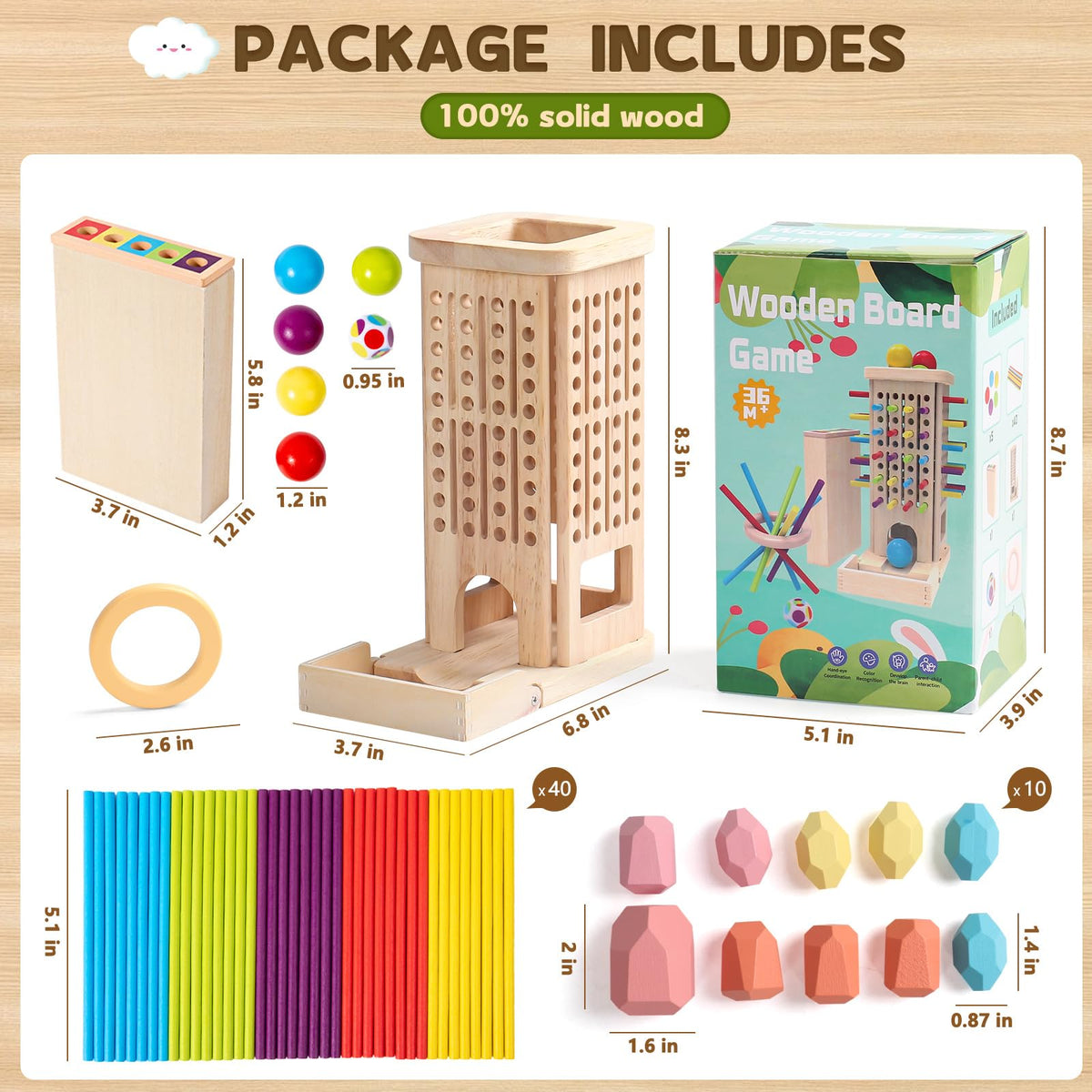 Montessori Toys for 3 Year Old, Wooden Board Game Pick Up Sticks Ball Drop