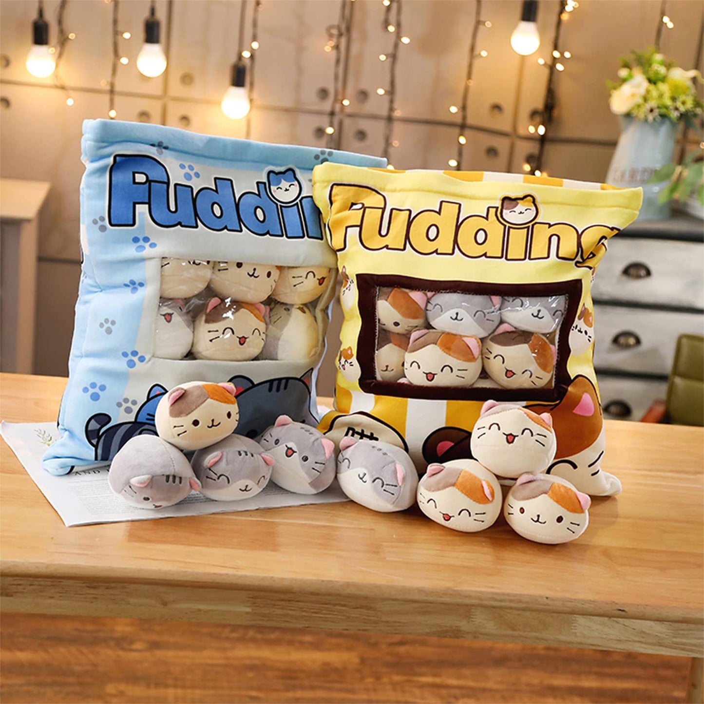 HXPLN Cute Snack Pillow Cat Plush Pillow, Pudding Cat Pillow with Kitty Dolls, Removable Stuffed Animal Toys Creative Gift for Teenagers, Girls, Children (8 Yellow Kittens)