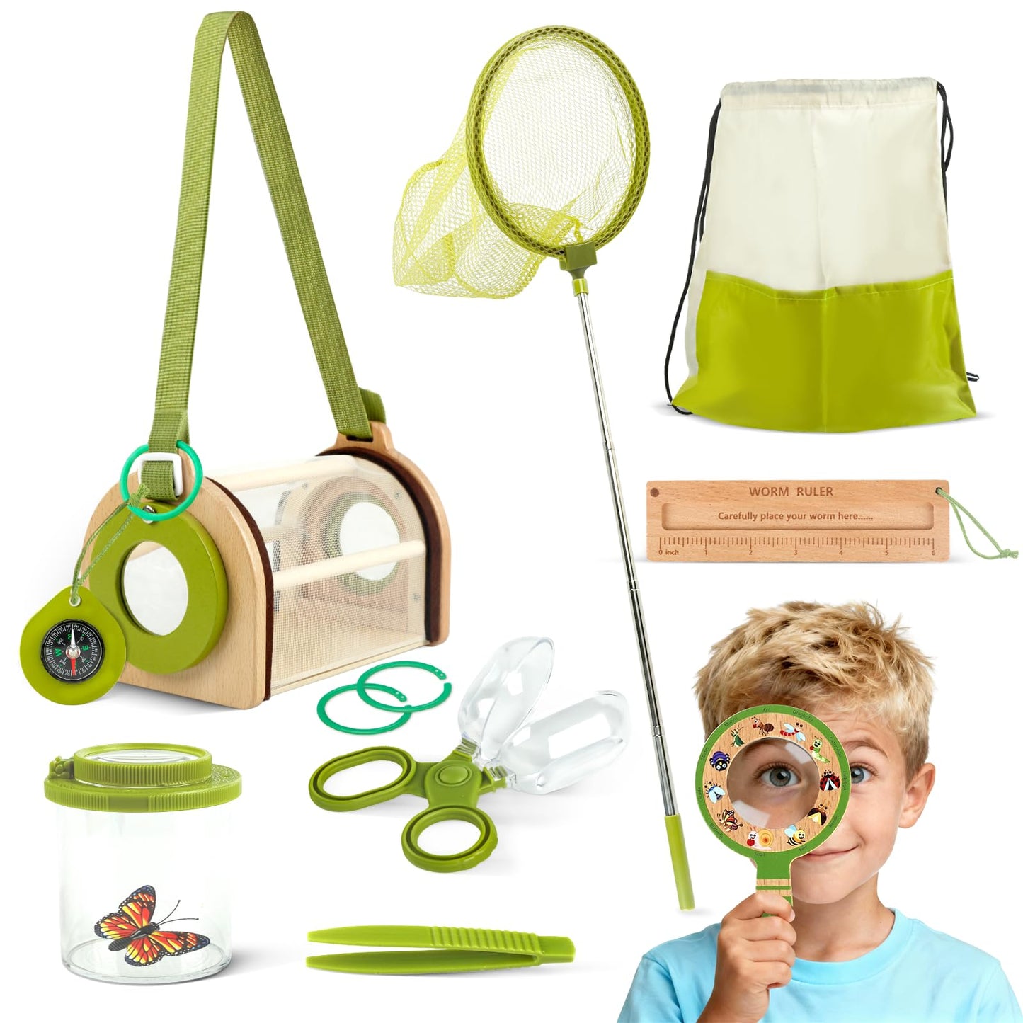 Wooden Bug Catcher Kit for Kids, Bug Catching & Insect Explorer Set with Butterfly Net, Magnifying Glass, Bug Container, Nature Exploration Outdoor Adventure Toy, Camping Gifts for Boys Girls Age 3-12
