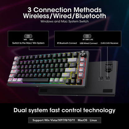 KOORUI Gaming Keyboards, 26 RGB Backlit Mechanical Keyboard Wireless/Wired Compatible Bluetooth 82 Keys Rechargeable 4000mAh Battery UK Layout Gamer Keyboards for Windows MacOS Linux (Brown Switch)