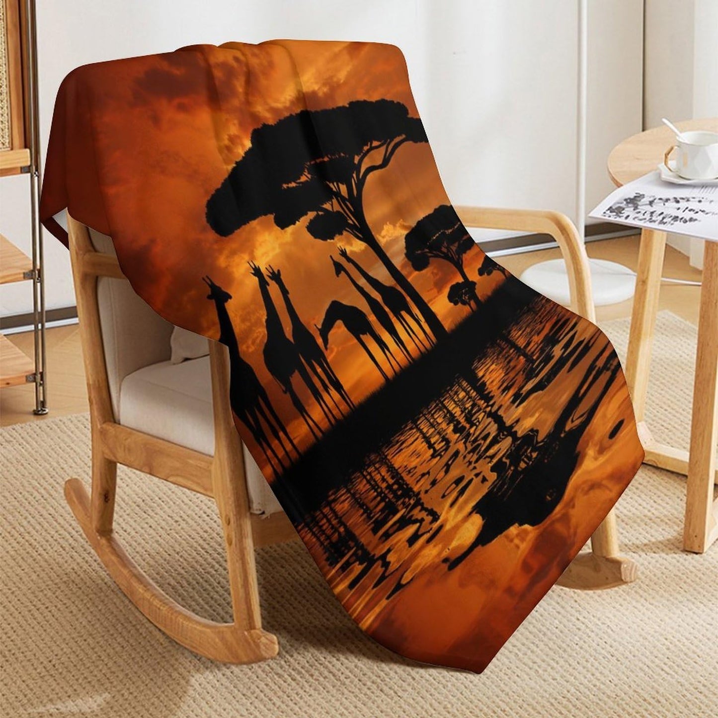 ZhiRain Africa Throw Blanket Savannah Animal Giraffe Crew Majestic Tree Kenya Sunrise Blanket for Sofa Bed Couch Chair Or Dorm 50"x60"