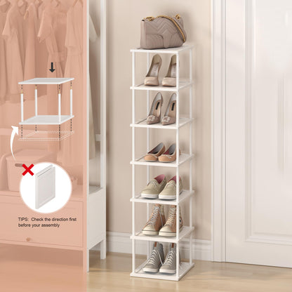 Vertical Tall Shoe Rack Organizer for Entryway -7 Tier Free Standing Slim Narrow Bamboo Wood Corner Stackable Shoe Boots Storage Stand Small Spaces for Closet Garage Cloakroom Living Room (White)