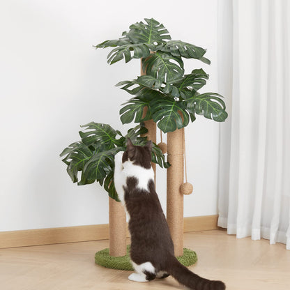 31.5Inch Cat Scratching Post,Cat Scratcher Tree with 3 Scratching Poles & 2 Interactive Dangling Balls,Cats Scratching Posts for Indoor Kitten & Adult Cats (Monstera tree)