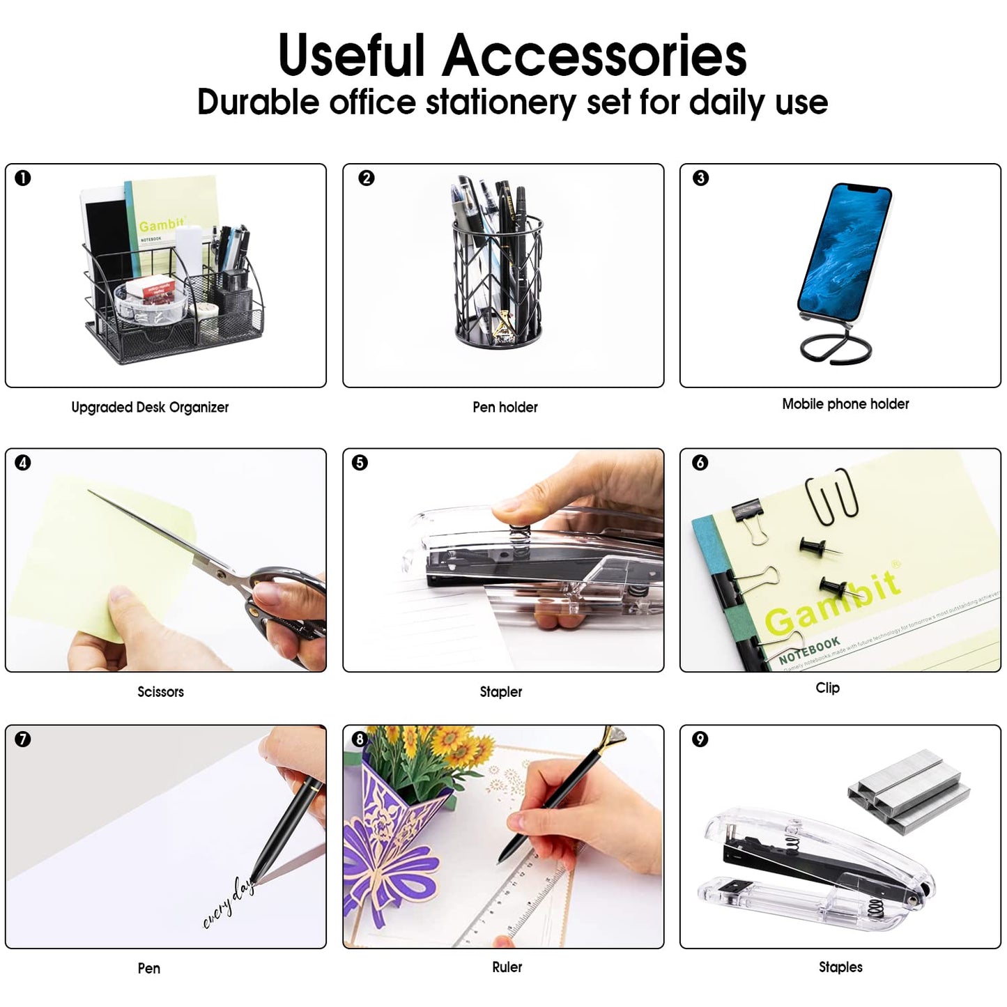 KAAKOW Black Desk Organizers and Accessories Office Supplies Set Stapler, Pen Holder, Phone Holder, Scissors, Pen, Ruler, 30 Paper Clips, 22 Binder Clip, 20 Tacks and 1000pcs Staples