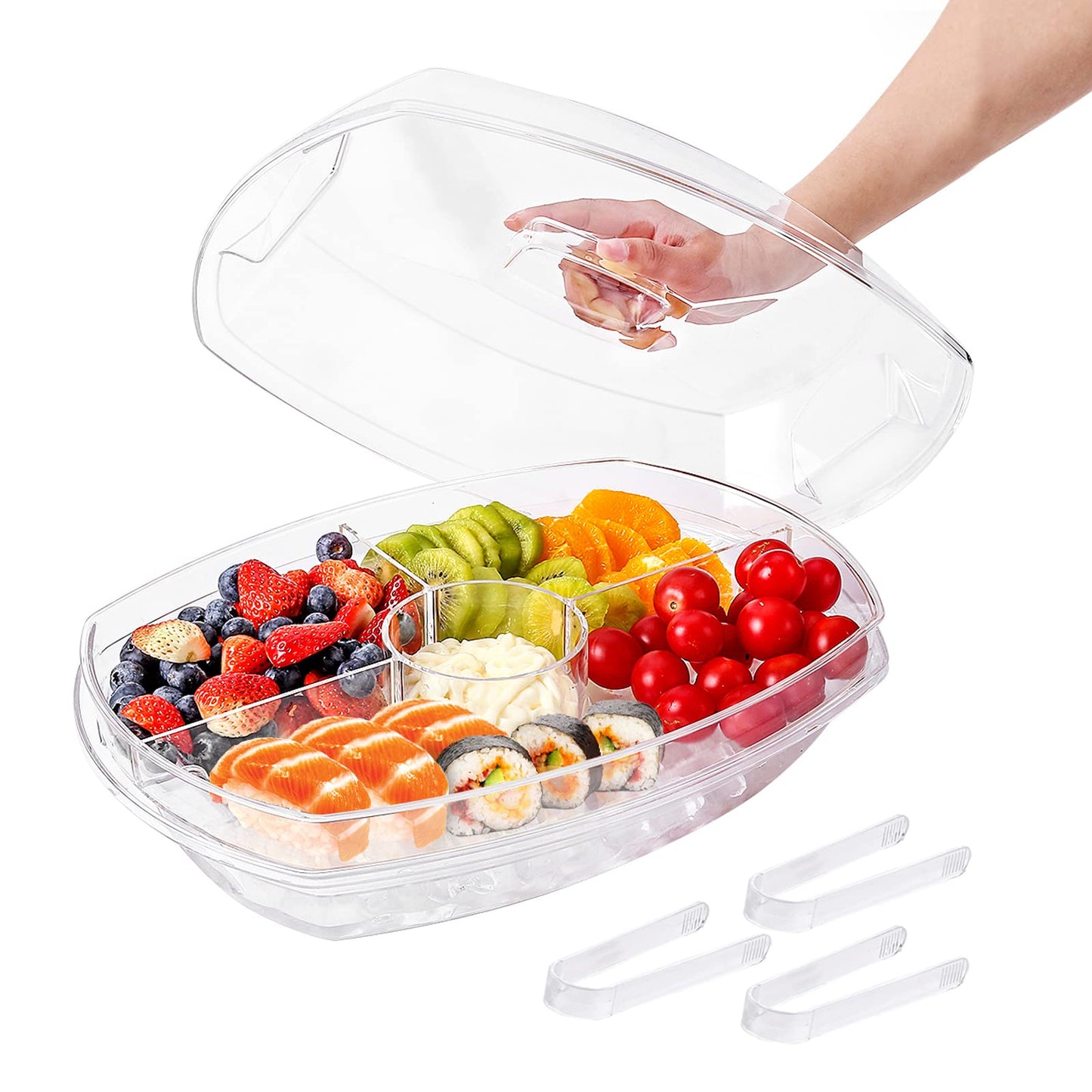 IVYHOME 3-Tier Chilled Serving Tray with Lid, 15" Fruit Ice Serving Platter with 4 Compartments, Shrimp Cocktail Serving Dish, Divided Serving Bowl for Parties