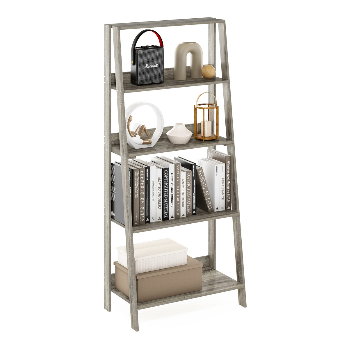 Furinno Ladder Bookcase Display Shelf, 5-Tier, French Oak