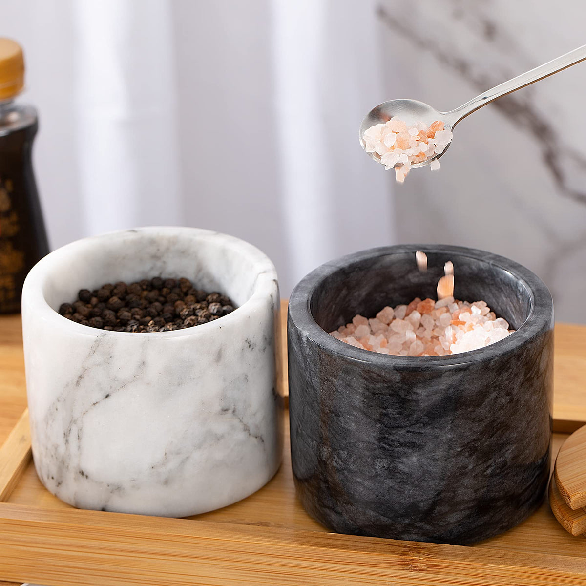 NHKRTE 15-Ounce Marble Salt Shaker Set with Lid and Spoon, Black and White