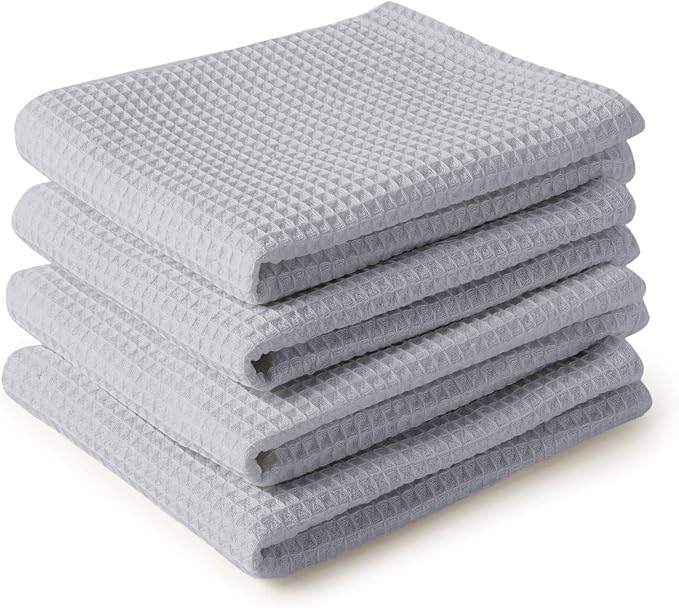 Encasa XO Kitchen Dish Towels Set | Light Grey | Waffle Weave and Flat Hand Tea
