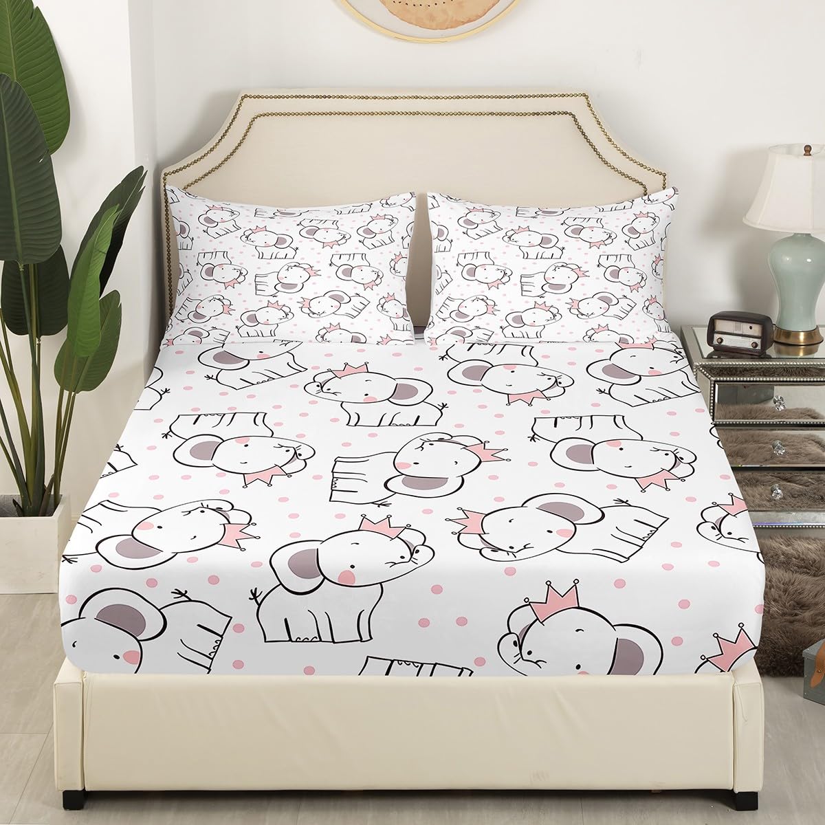 Feelyou Elephant Bed Sheet Set for Kids Boys Girls Teens Cute Elephant Print White Pink Cartoon Bedding Set Lightweight Microfiber Bed Cover Decor 3Pcs Fitted Sheet with 2 Pillowcases Full