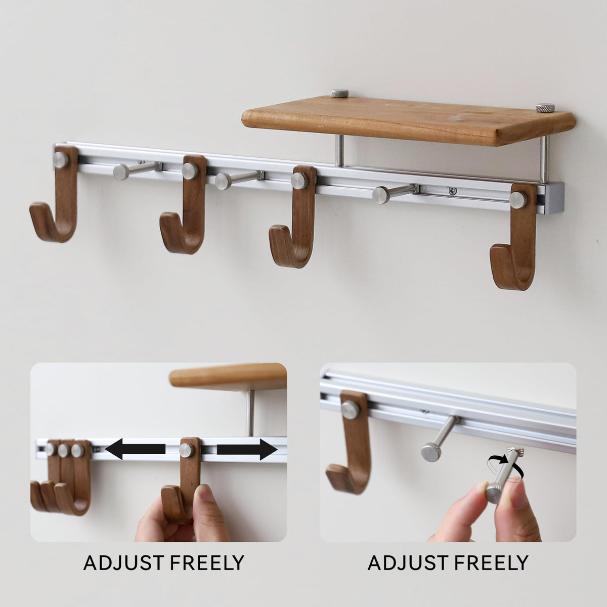 XAOHOME Wall Mounted Coat Rack with Shelf, Modular Entryway Hooks Organizer, Adjustable Aluminum Rail with Wooden Hooks, Expandable Storage for Entryway, Hallway, Mudroom