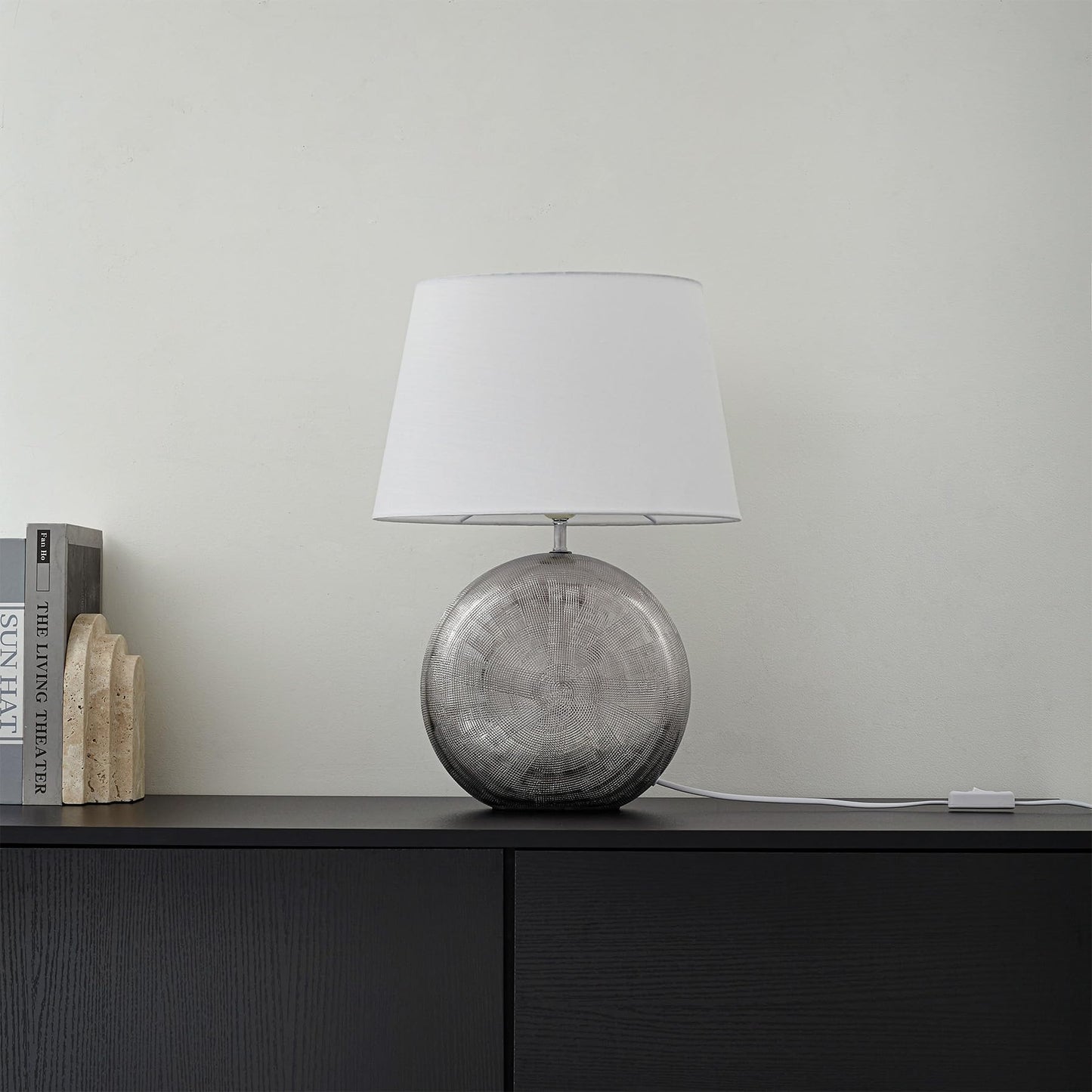 Lucande 19" Modern Ceramic Table Lamp, Silver Jar-Style Base with White Fabric Shade, Elegant Bedside Lamp for Nightstand or Living Room, E26 Base Bulb Not Included