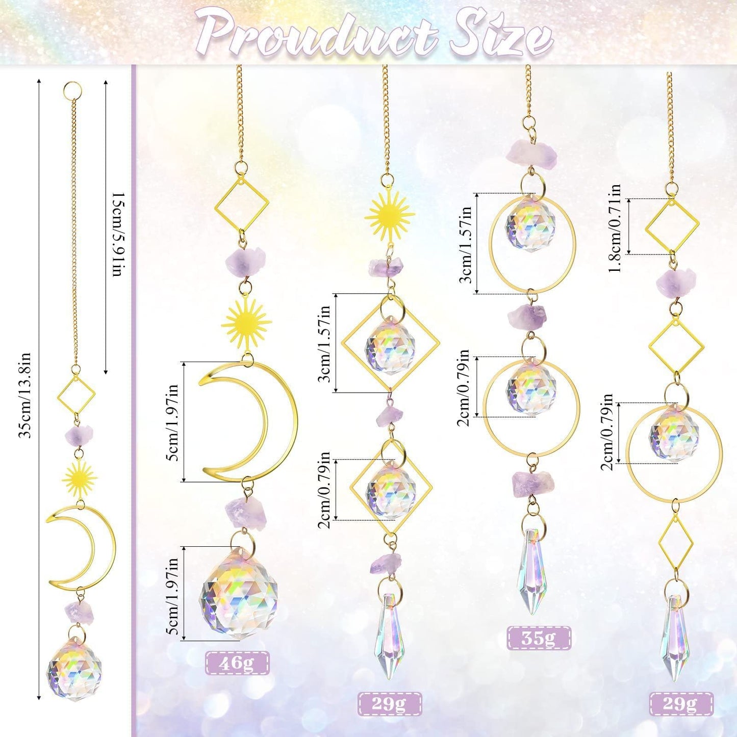 Crystal Suncatcher Rainbow Maker Hanging Prism Ornament Pendant Home Garden Car Decoration 4 Pack Gift Kit Sun Catchers Indoor Window, 13.8 Inch