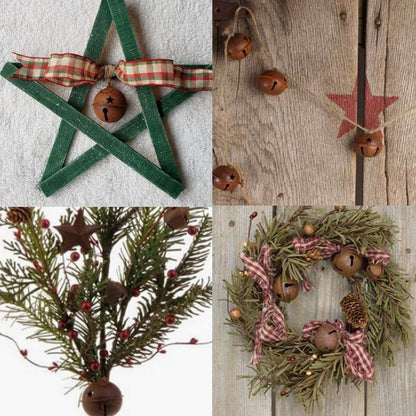 Winlyn 80 Pcs Rusty Metal Christmas Sleigh Bells Jingle Bells Rustic Craft Bell 1-1/2" and Dimensional Mini Rusted Metal Barn Stars with Jute Twine Plaid Ribbon for Christmas Tree Holiday Season Decor