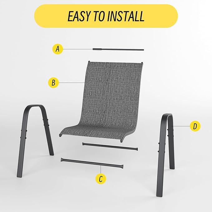 Betterhood Patio Chairs Set of 2, Stackable Outdoor Dining Chairs Set with Breathable Seat Fabric, All-Weather Powder-Coated Metal Frame for Deck, Pool Side and Backyard, 350LBS Capacity (Grey)