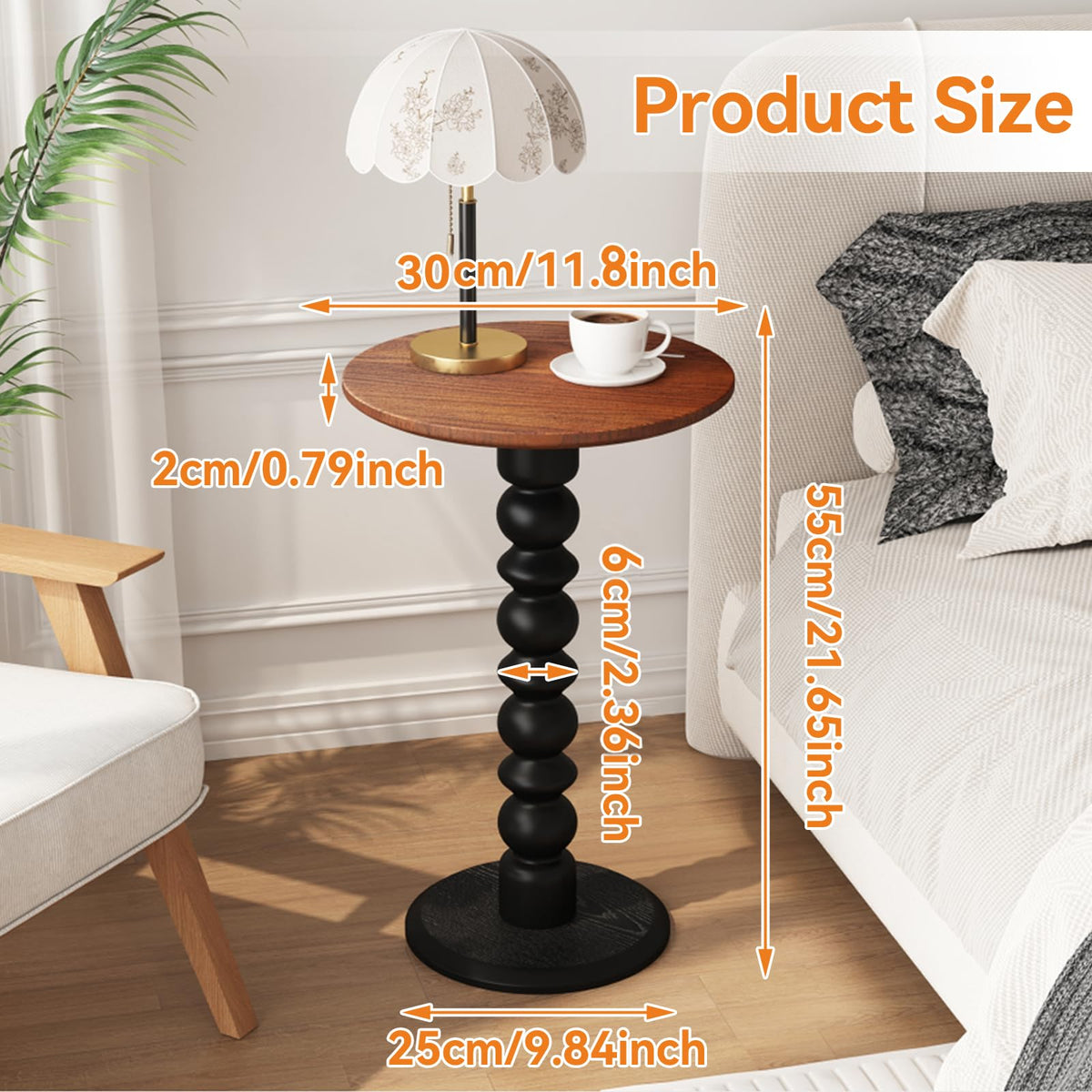 zaowofires Solid Wooden Round Side Table(Walnut/Black, 11.8" W*21.65" H)