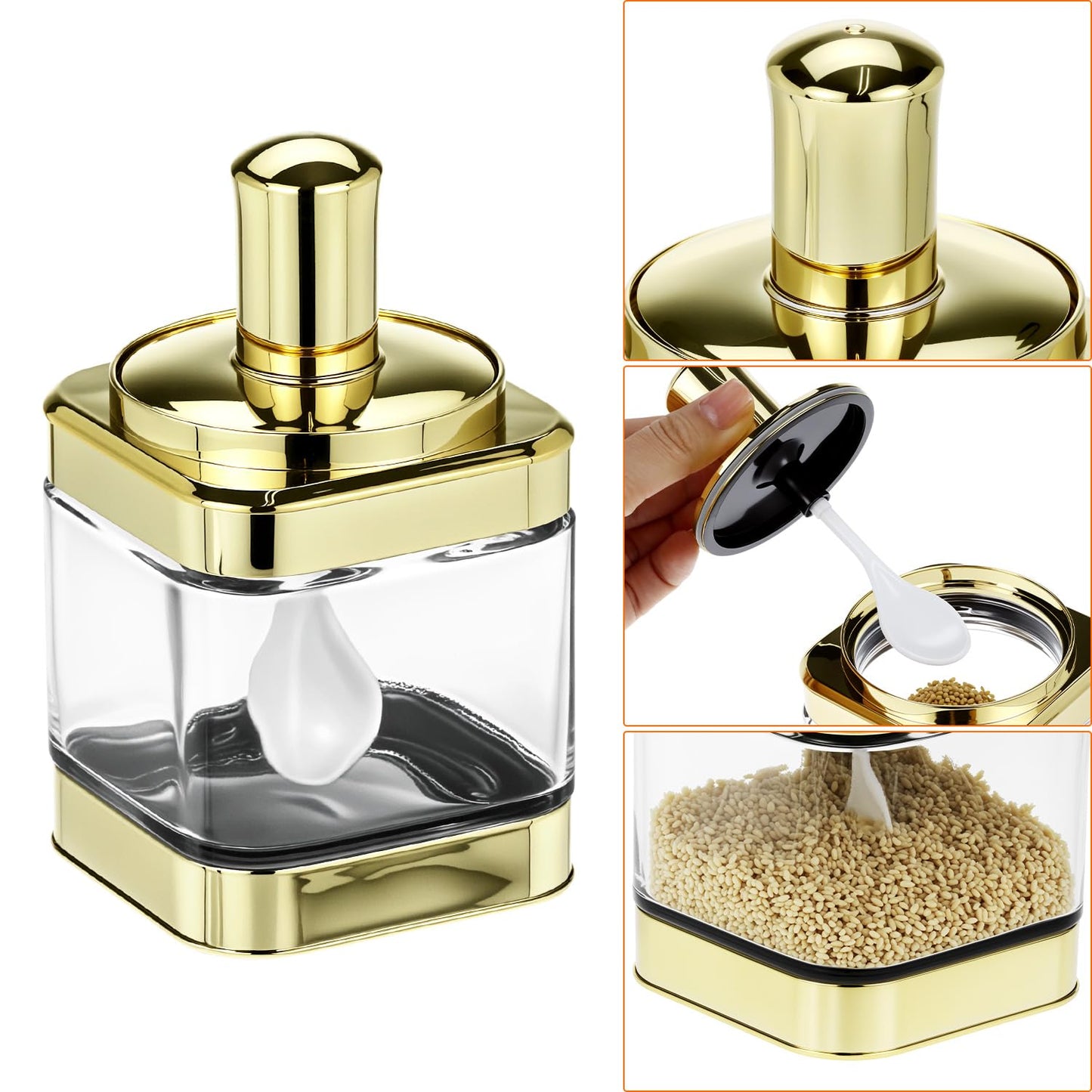 QWORK Glass Condiment Jars with Spoon, 2 Pack 12oz Spice Containers with Gold Lid, Sugar Dispense, Kitchen Containers, Seasoning Box Set for Sugar, Salt, Coffee, Flour & Kitchen Storage