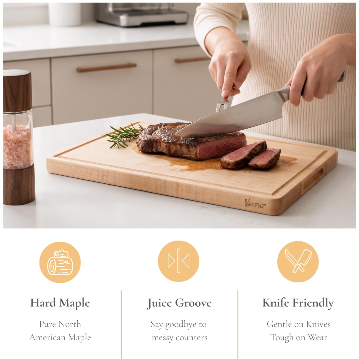 Vandroop Hard Maple Cutting Board for Kitchen - 16"x10"x1.06" Reversible Wood Chopping Board with Juice Groove, Edge Grain Butcher Block