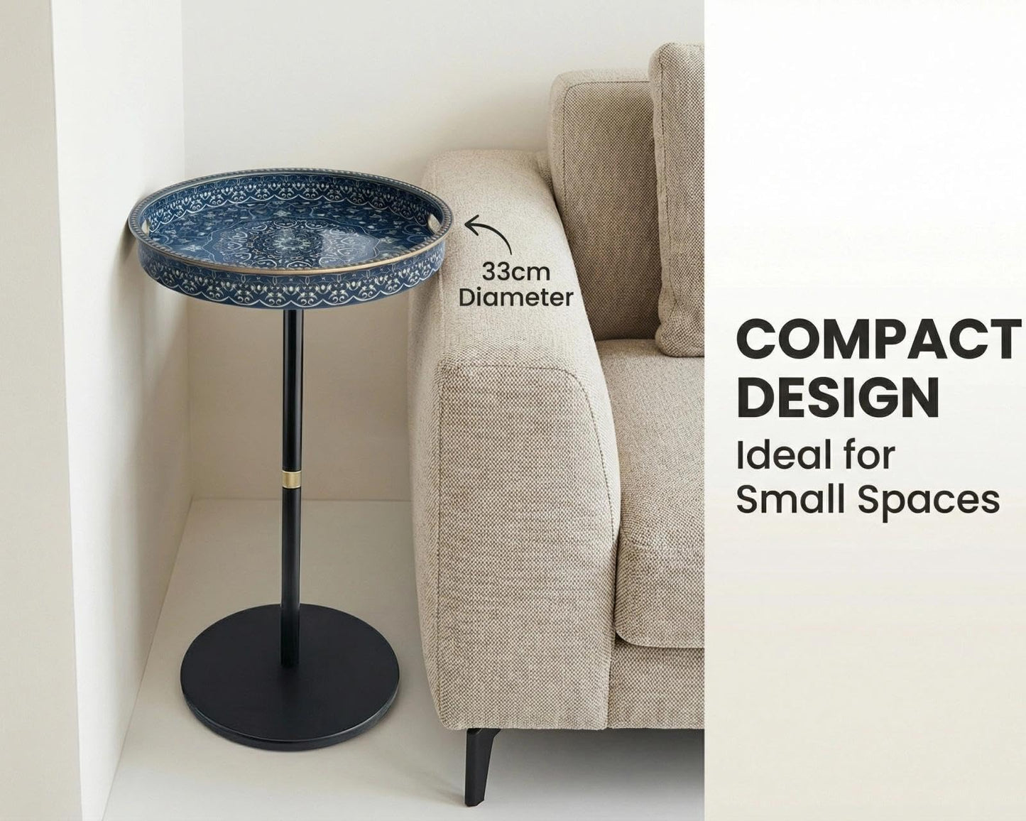 Gesodant Boho Single Leg Round Side Table with Tray Top, Pedestal Drink Table for Small Spaces, Aesthetic Accent Nightstand for Living Room, Bedroom, Corners, and Office (Blue Maze)