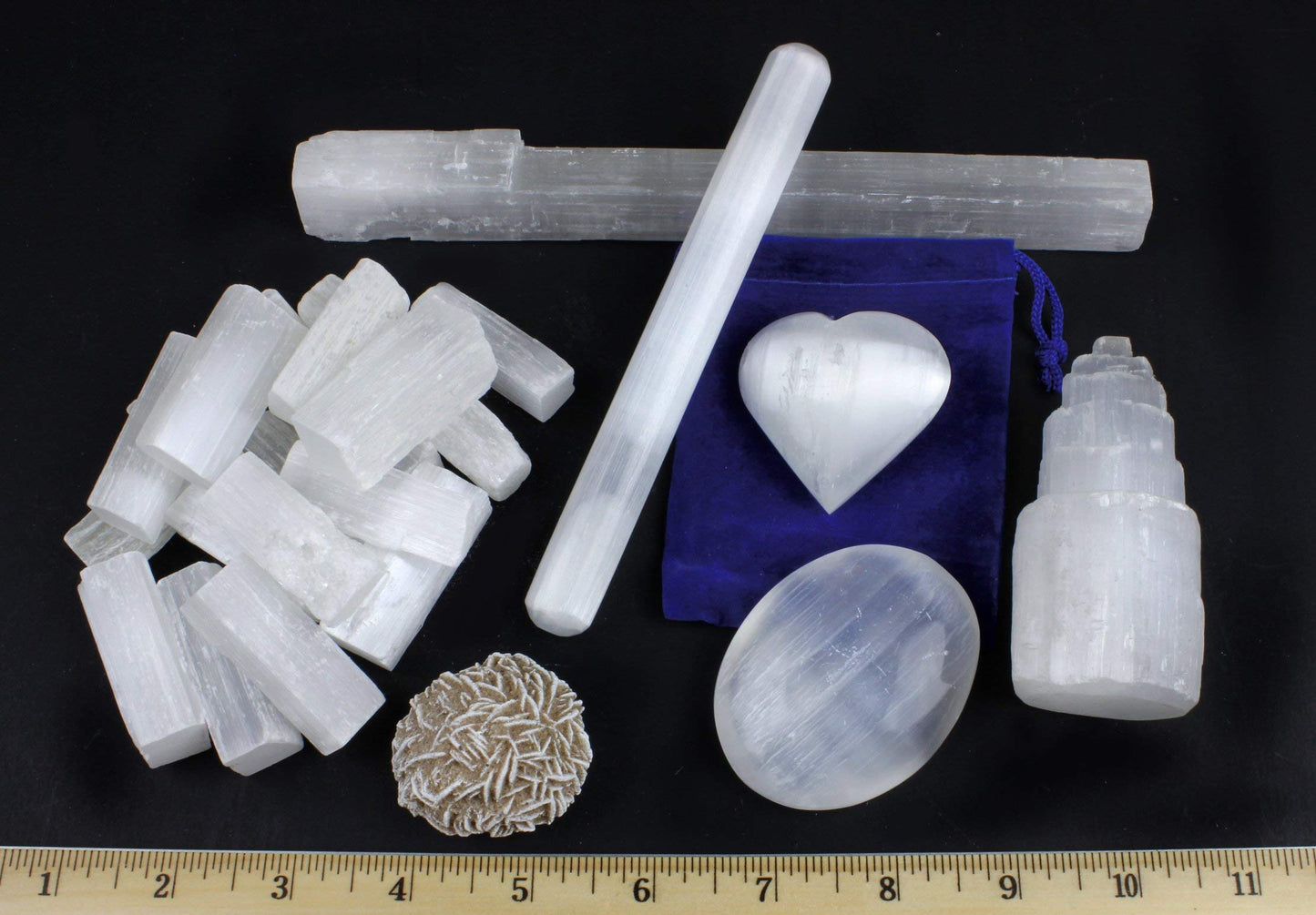 DANCING BEAR Selenite Protection Collection (7 pc Set): Palm Stone Heart, Tower, 5" Stick, 5.5" Massage Wand, and a Sphere, Hand-Made upcycled Silk Bag, and ID Card in Gift Box