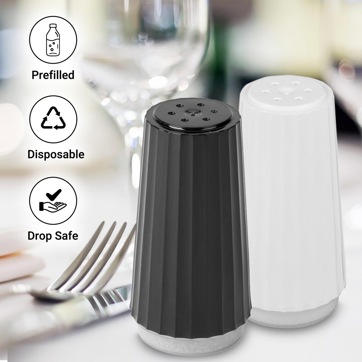 Disposable Plastic Salt and Pepper Shakers by Global Basics - Shaker Sets for Parties, Restaurants, Picnics, Cookouts - Prefilled Salt and Pepper Shakers with 4oz. Salt, 1.5oz. Pepper - 12-Pack