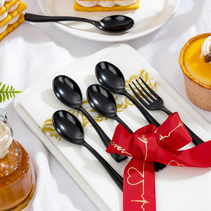 WDF 300 Pieces Black Plastic Mini Spoons-4 Inches Black Plastic Tasting Spoons for Desserts-Heavy Duty Plastic Spoons Perfect for Coffee/Cake/Desserts/Appetizers for Halloween New Year/Graduation