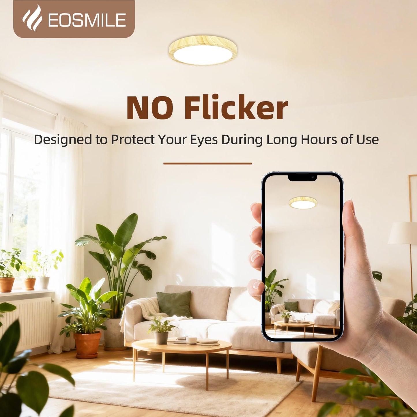 EOSMILE 12 Inch Wood Grain LED Flush Mount Ceiling Light, 25W, 3000LM, CRI 95+, 2700K-5000K 5-Color Selectable & Dimmable, Thin Flat Surface-Mounted Fixture for Bedroom, Hallway, Living Room