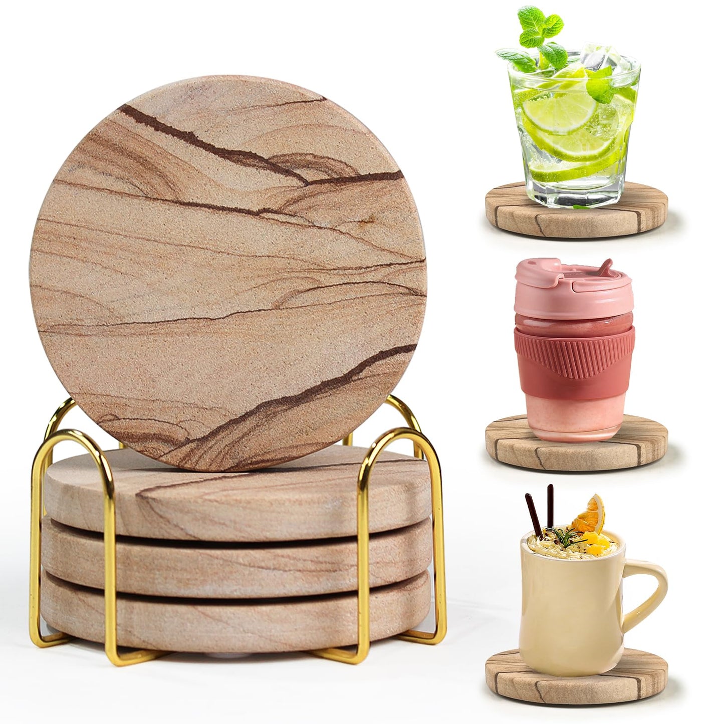 Natural Sandstone Coasters Set of 4 with Holder, 4 in Dia Drink Coasters for Coffee Table, Water Absorbent & Heat Resistant Cup Coaster for Home & Office, Christmas Birthday Gift