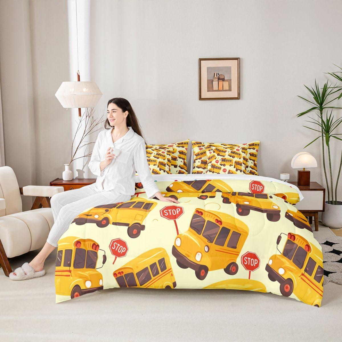 Erosebridal School Bus Twin 7 Pieces Bedding Set for Kids, Cartoon Truck Bed in A Bag for Boys Girls Teens Youth Bedroom Decor, School Theme Comforter Set with Sheets, Yellow Vehicle Bed Sets