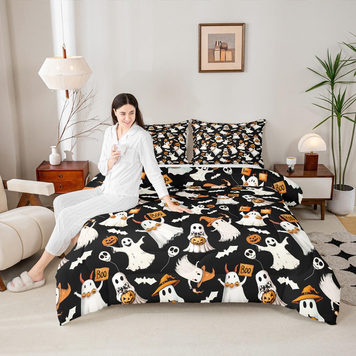 Homewish Happy Halloween Comforter Set Spooky Witch Hat Ghost Comforter Queen Size Gothic Pumpkin Bats Bedding Set for Kids Adult Bedroom Decor Fashion Black Quilt Duvet,3 Pcs with 2 Pillowcase