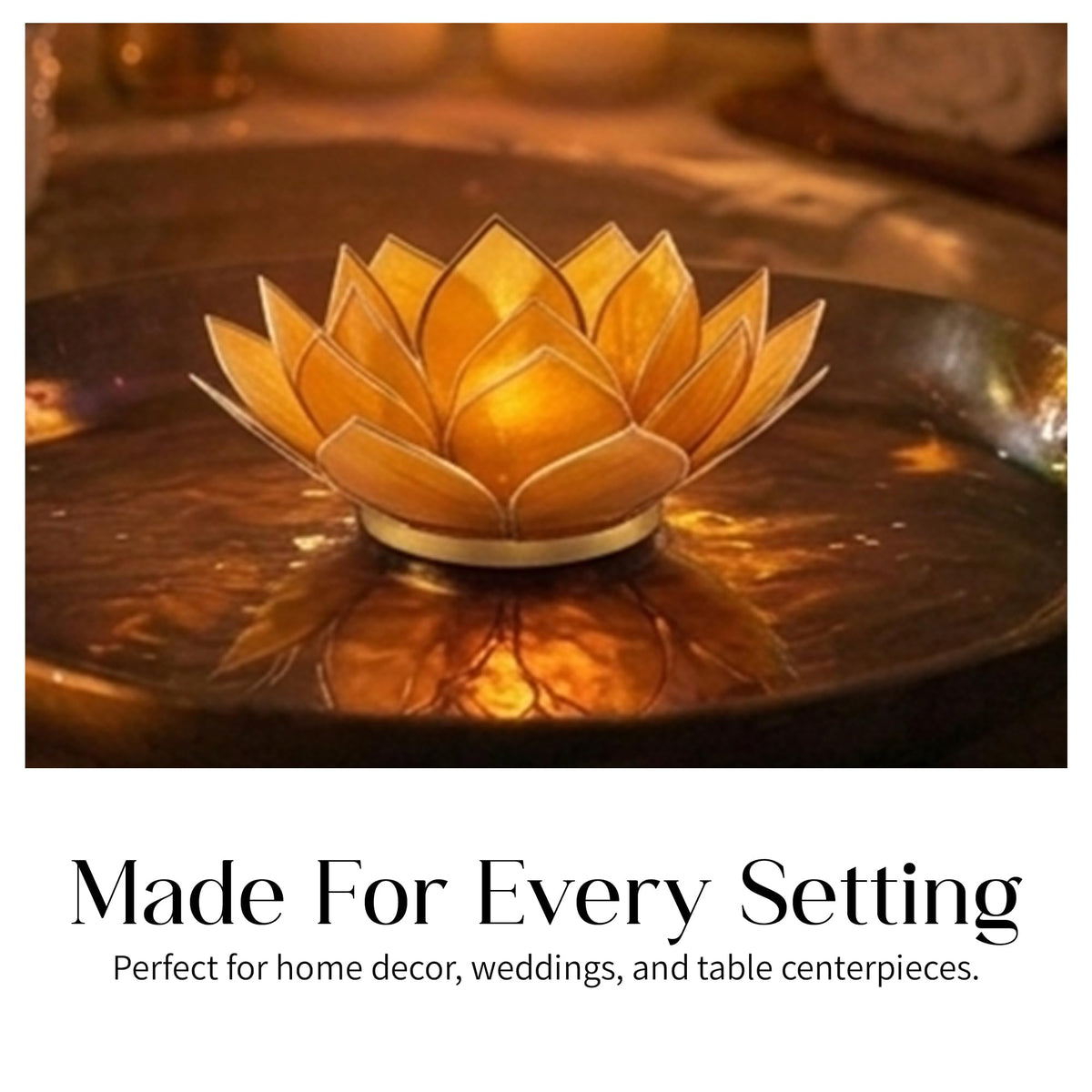 Om Gallery Gemstone Lotus Tealight Holder - Handcrafted Capiz Shell Design for Soft Glow, Elegant Home & Table Decor, Wedding Centerpieces, Votive Candle Styling, and Thoughtful Gifting - Amber