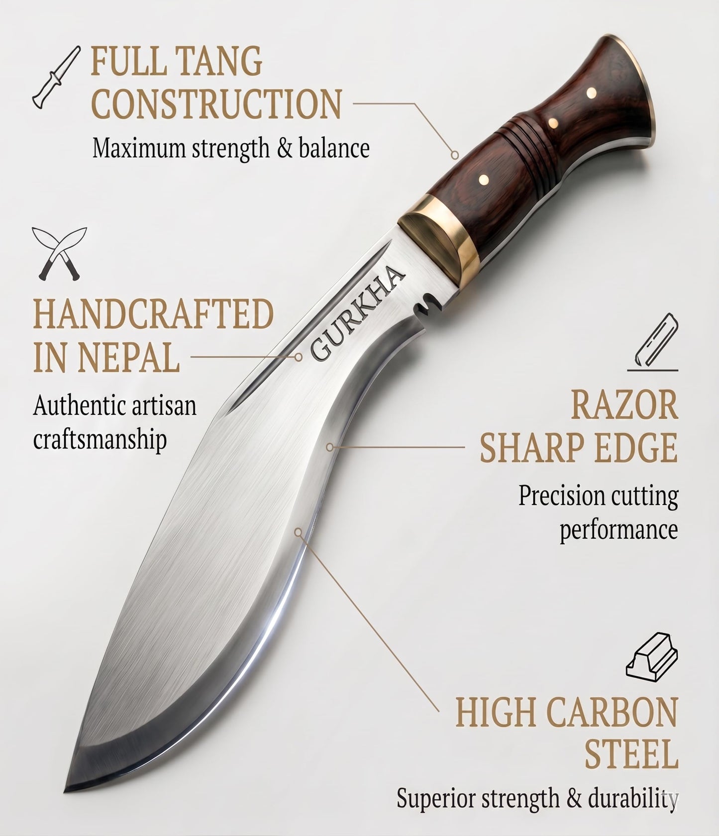 Gurkha Kukri Knife – Hand-Forged in Nepal – WW II 11" Carbon Steel Blade | Full Tang Khukuri – Heavy Duty Chopping, Survival & Bushcraft with 2 Utilities Knives & Leather Sheath