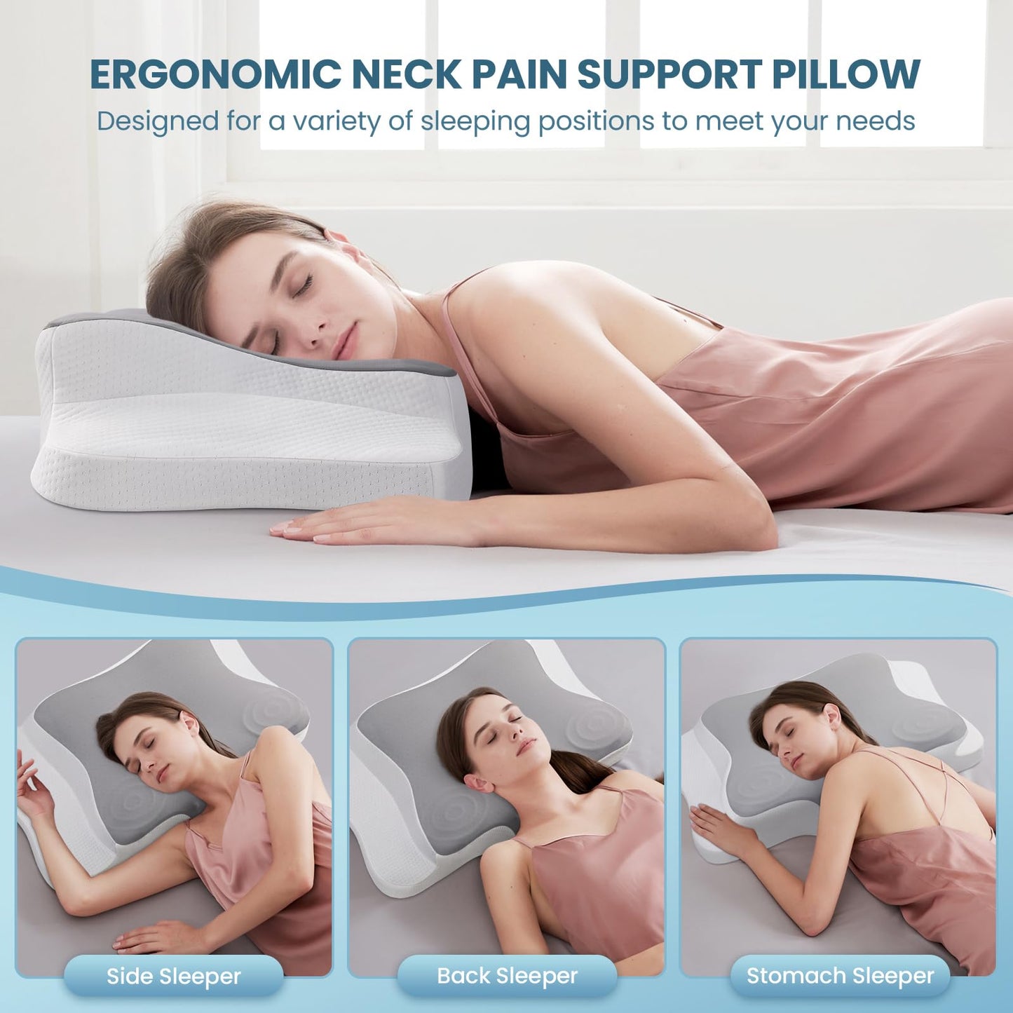 JINXIA Cervical Memory Foam Pillow for Neck Pain, Bed Sleeping Pillow for Shoulder Pain,Ergonomic Orthopedic Support Pillow for Side/Back/Stomach Sleepers with Removable Cover(Ice Silk Pillowcase)