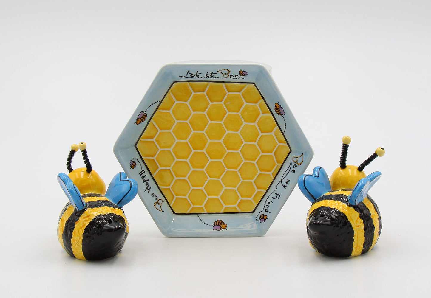 Appletree 2-Inch Ceramic Bee Salt and Pepper with Honeycombed Tray, Yellow