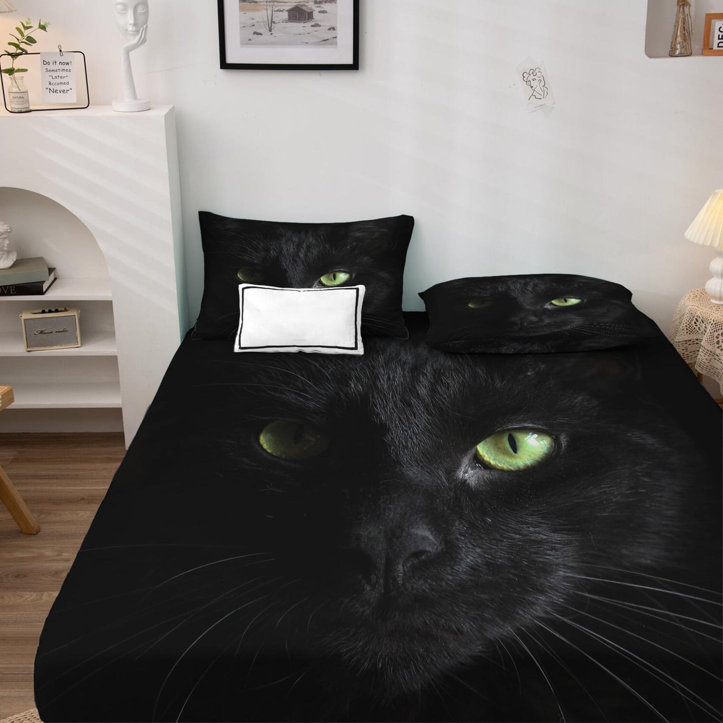 THYUNQ Black Cat Sheets Full Size Bed, 3D Animal Kitten Pattern Bedding Sheets & Pillowcases - 16 Inch Deep Pocket, Super Soft Microfiber Printed Sheet Set 4 Piece