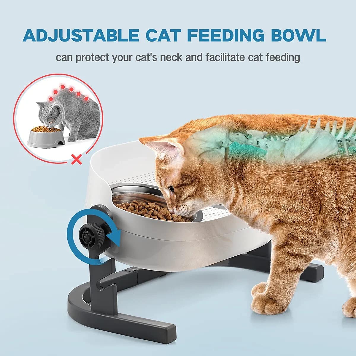 ALL FOR PAWS Raised Cat Bowl 3 Heights Adjustable, Elevated Double Bowls with 2x350ML Stainless Steel Dishes, Cat Feeding Station for Small Medium & Large Cats, Non-Slip and No Spill (44x26x20CM)