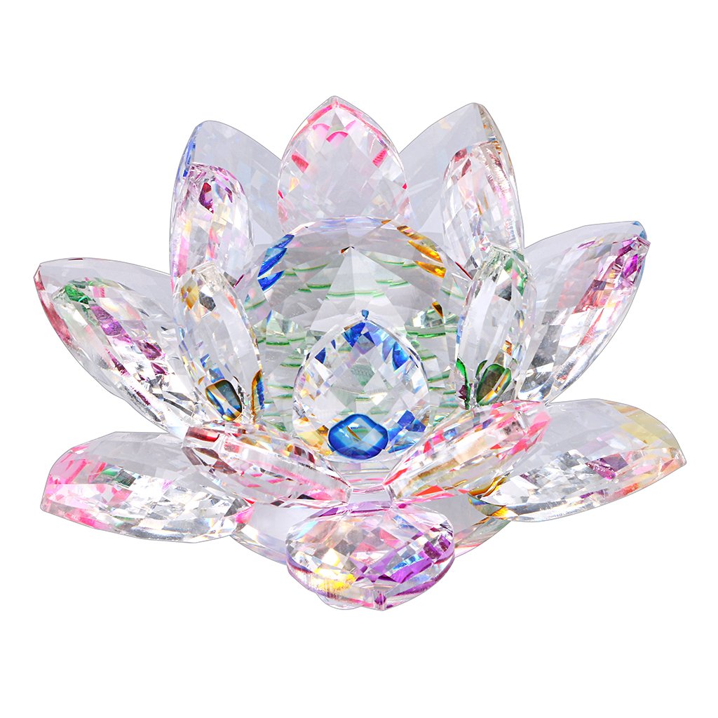OwnMy Sparkle Crystal Lotus Flower Hue Reflection Feng Shui Home Decor with Gift Box (4 Inch/ 100MM Rainbow)