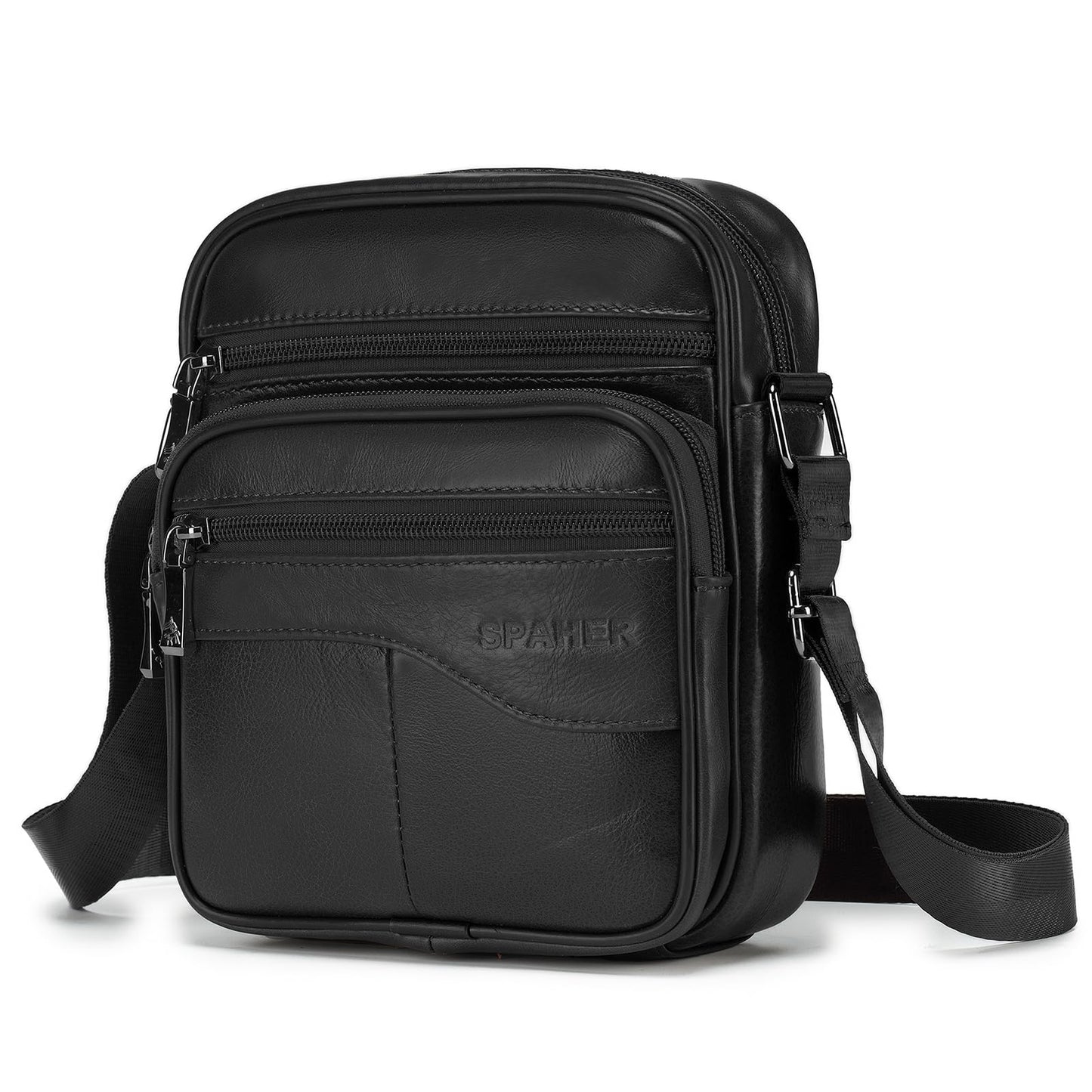 SPAHER Men Small Genuine Leather Handbag Shoulder Bag Satchel Business Messenger Backpack Crossbody Casual Sling Travelling Bag Mens Gift For Wallet Purse Mobile Phone Keys Black