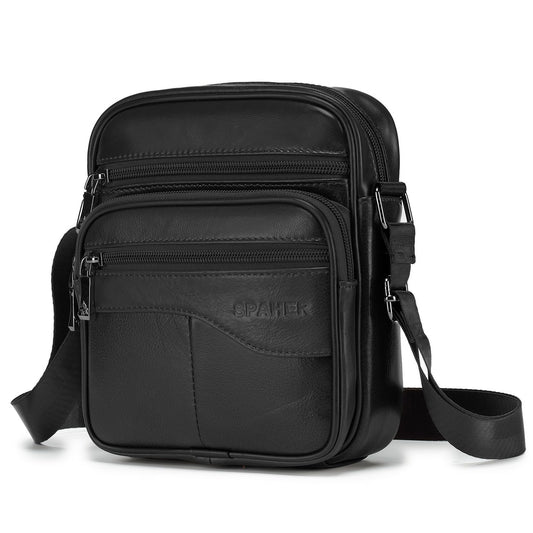 SPAHER Men Small Genuine Leather Handbag Shoulder Bag Satchel Business Messenger Backpack Crossbody Casual Sling Travelling Bag Mens Gift For Wallet Purse Mobile Phone Keys Black