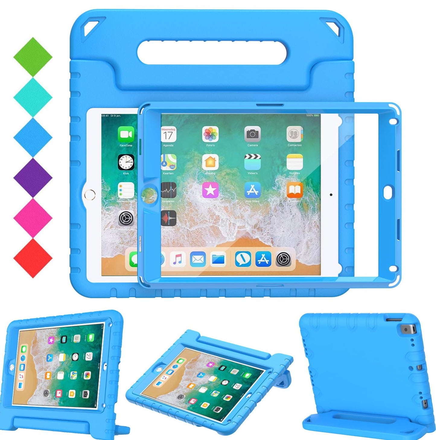 Surom Kids Case with Screen Protector for iPad 9.7 Inch 2018/2017, Shockproof Convertible Handle Stand Case for iPad 9.7 2017/2018 (iPad 5th and 6th Generation),iPad Air 2, Blue