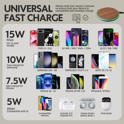 GARCIX 15W Wooden Wireless Charger | Stylish Design Qi Wireless Charger Station | USB Type C Cable | Compatible for iPhone 15 14 13 Pro MAX X Plus, Samsung Galaxy Ultra, Airpods