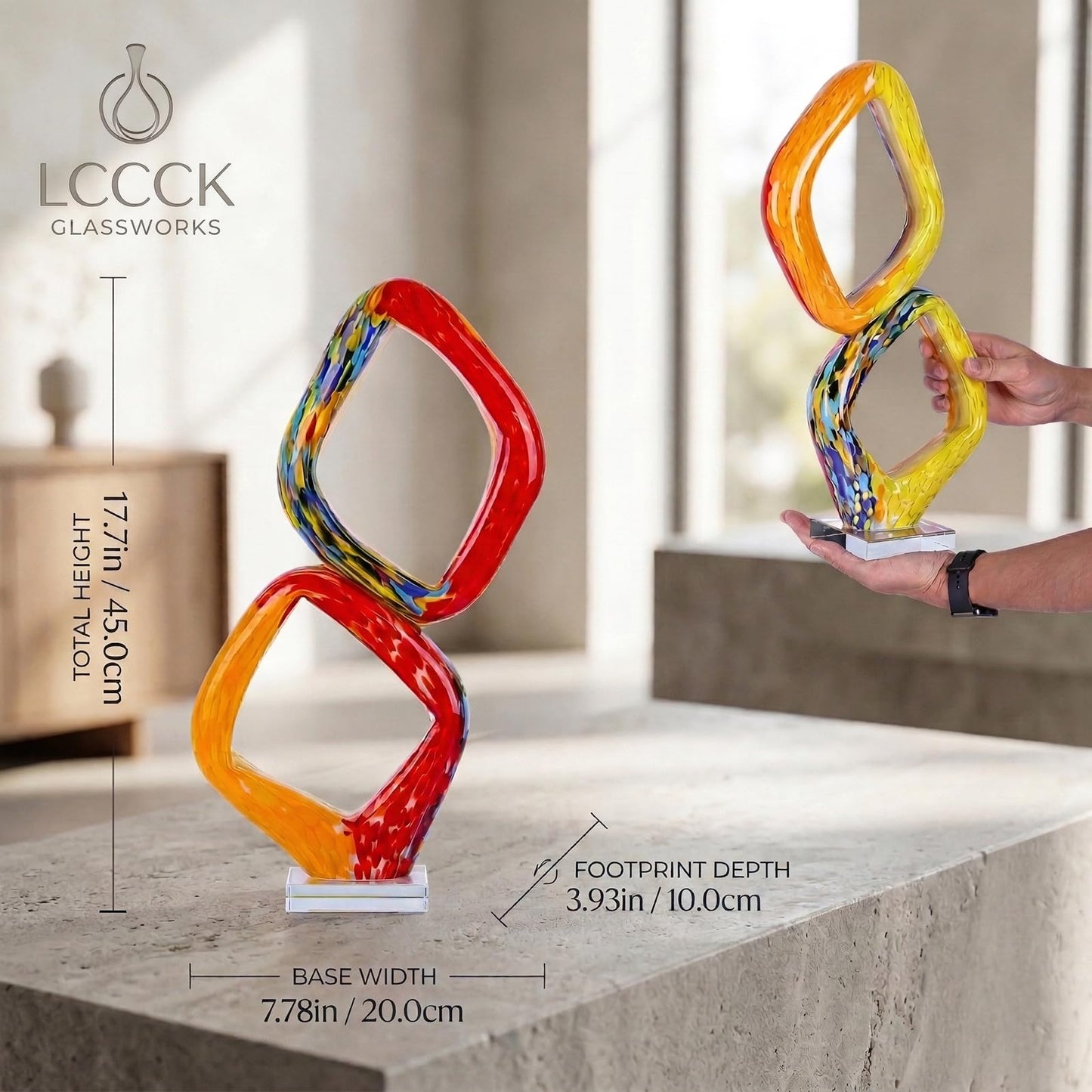 LCCCK 17.7in Tall Abstract Orange Glass Sculpture Large Hand Blown Glass Figurine Handblown Statue for Home Decor Living Room Shelf Mantel Tabletop Display Modern Art Accent Piece