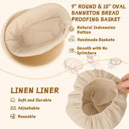 52 Pcs Sourdough Starter Kit, Sourdough Bread Baking Supplies with 9" Round & 10" Oval Banneton Bread Proofing Basket, Cooling Rack, Sour Dough Starter Jar, Bread Making Kit Gifts for Women Wife Mom