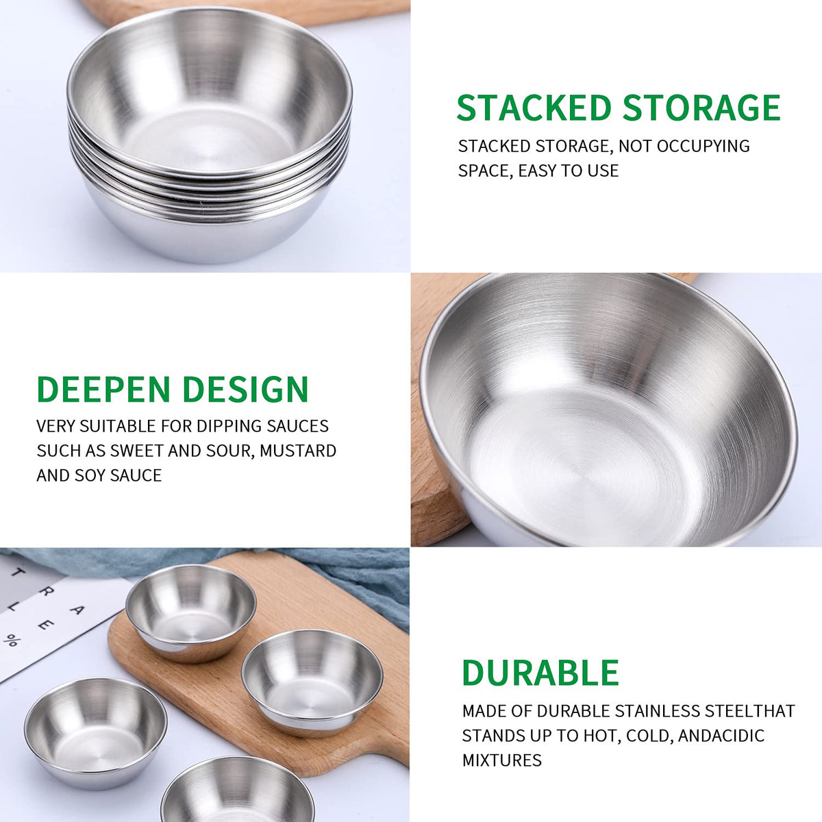 Onlycooker Sauce Cup 12 Piece Condiment Cups 3.2 Inch Stainless Steel Sauce Dish Dipping Bowl Small Seasoning Round Side Dish Bowls Plate for Appetizer Pinch Soy Sushi