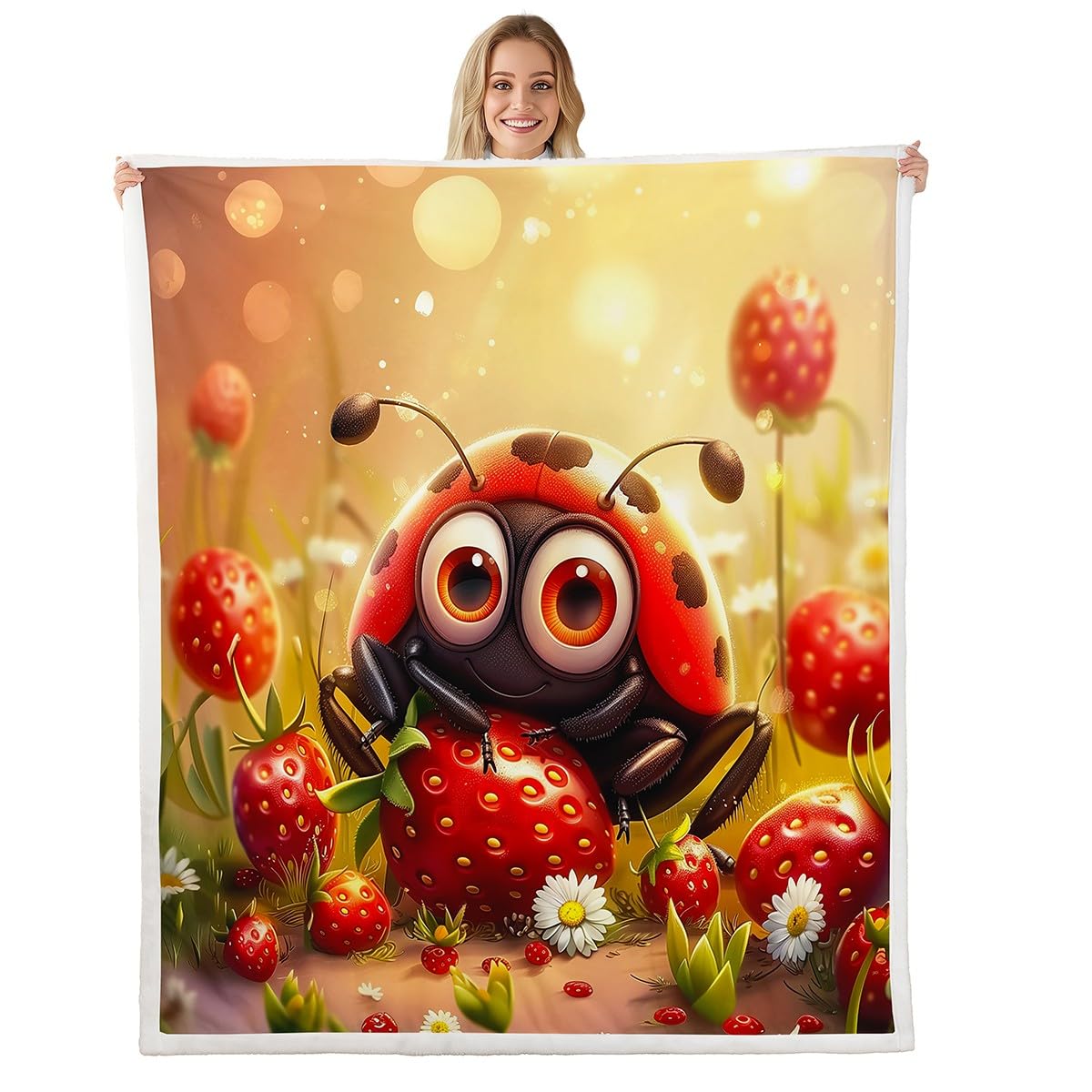 Erosebridal Cute Ladybug Fleece Blankets Throw 50"X60" Cartoon Animal Throw Bed Blanket Fruit Strawberry Kawaii Ladybird Sherpa Blankets Spring Garden Lovely Reptile Fuzzy Blanket for Kids Boys Girls