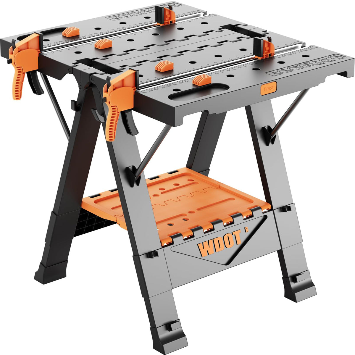 WDOT Work Bench Table 2 in 1 Portable Folding Workbench for Garage Sawhorse 500lbs Mobile Work Table 31" W x 25" D x 32" H with 2 Clamps & 6 Bench Dogs
