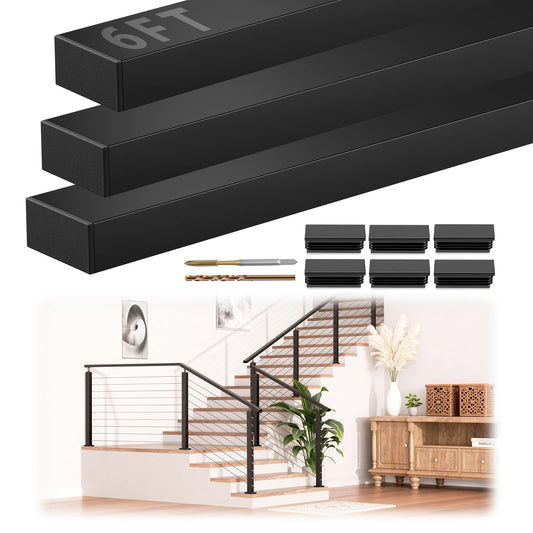 Gyykzz 6FT Stainless Steel T304 Handrail Black, 3 Pack Rectangular Cable Railing Handrail Flat Deck Top Rail with Nylon End Caps for Indoor Outdoor Deck Stair Cable Railing System DIY Balustrade