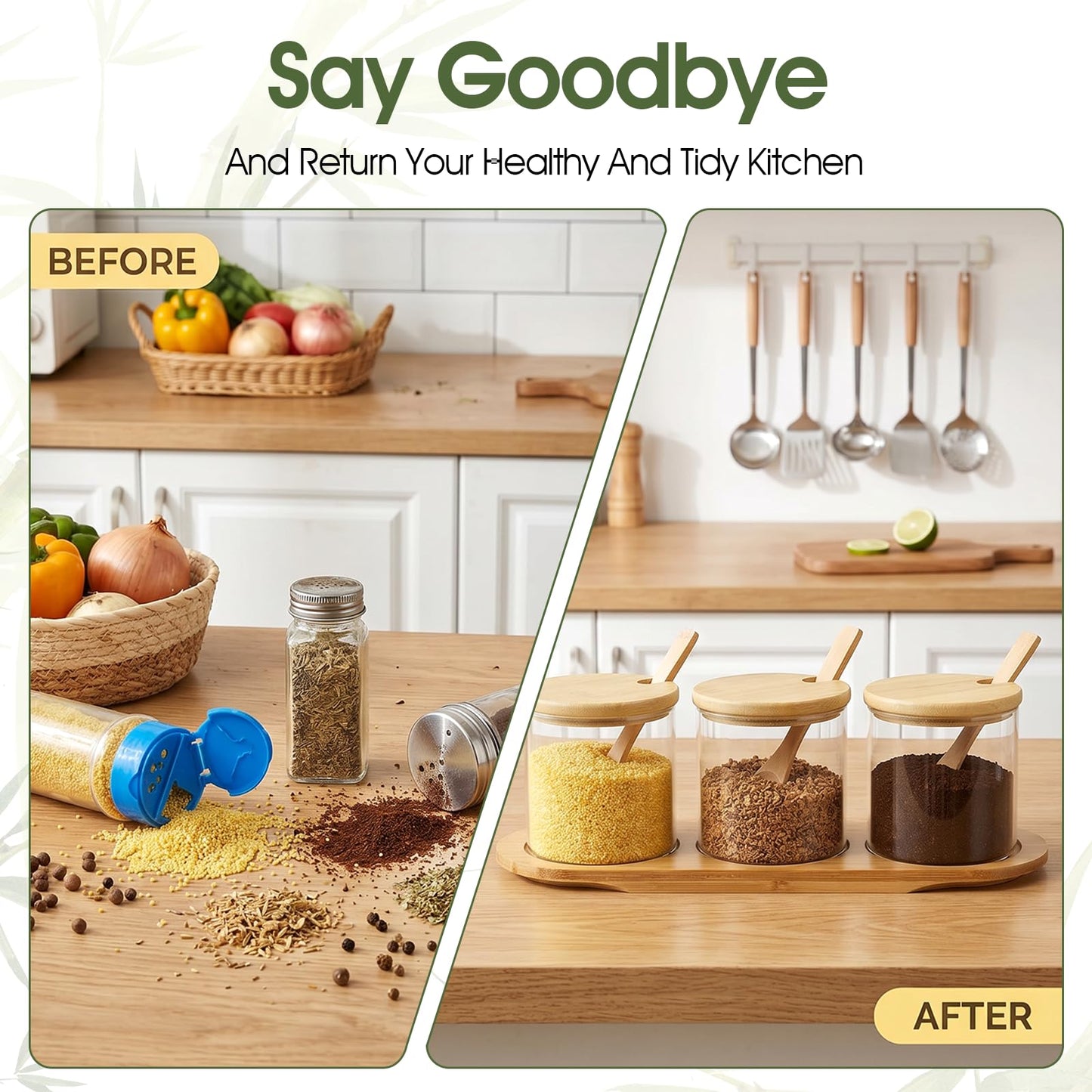 2 Pcs Salt and Sugar Container Sets, Condiment Containers with Lids, Square Glass Jar with Bamboo Lid & Spoon, 12 Oz Glass Pantry Storage Containers for Kitchen, Coffee, Tea, Candy, Spice Organization