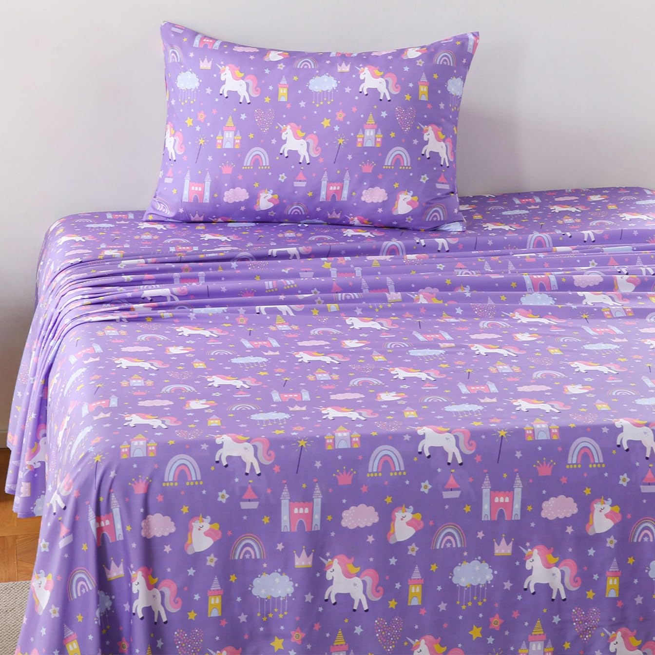 MICORAL Kids Twin Sheet Set Dinosaur, 3 Pieces Unicorn Purple Sheets for Boys & Girls, Soft Printed Microfiber Bed Sheets, Deep Pocket Cozy Toddler Bedding Set