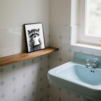XYHYRA Bathroom Wall Art, Cute Black and White Raccoon Canvas Prints Poster, Funny Animal Decor Oil Painting, Modern Farmhouse Picture Artwork for Bathroom Toilet Wall Decor 8x10 Inch Framed