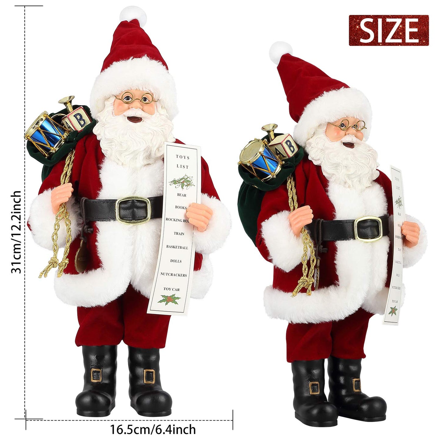 Uten Christmas Decorations, 11" Santa Claus, Christmas Figurine Figure Decor with Toys List and Black Gifts Bag for Holiday Party Home Decoration